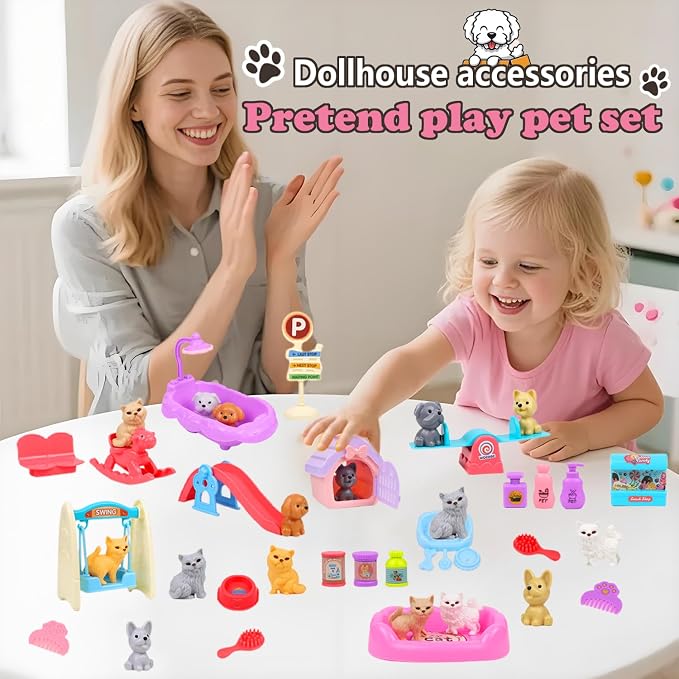 45Pcs Pet Pretend Play Toy Dollhouse Playset Accessories,Cat Puppy Dog Hamster Realistic Animals Tiny Mini Figures Furniture,Vet Care Center Preschool Educational Gift Boys Girls Kids Toddler