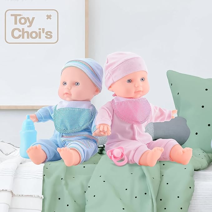 Toy Choi's Twin Baby Dolls 12 inch Soft Body Doll Set, Babydoll Playset with Rompers, Hat, Pacifier and Doll Bibs, Gifts Toys Toddlers Kids Boys and Girls