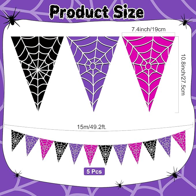Tiamon 5 Pcs Wednesday Birthday Party Decorations Halloween Spider Web Birthday Triangle 49.2 ft Flag Black Purple Pink Pennant Banner Spider Garland Streamer for Baby Shower Party Supply