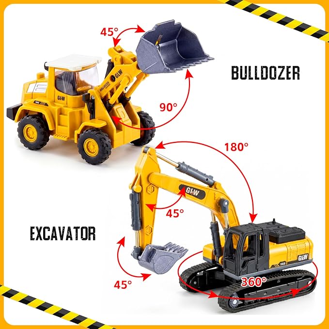 Alloy Die-Cast Construction Vehicles Toys Set w/Semi Truck, Excavator & Bulldozer - Real Lights & Sounds, Movable Parts - Learning Toys Gift for 3-7 Year Old Boys Girls
