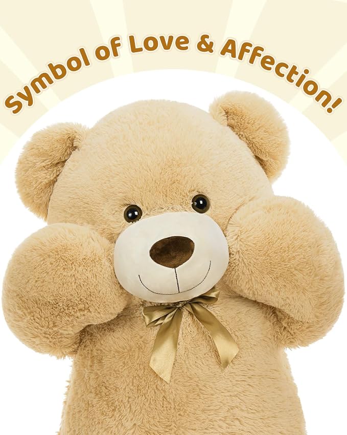 MaoGoLan Giant Teddy Bear Stuffed Animal, 52" Large Tan Teddy Bear Plush Toy with Cute Bow Tie & Footprints, Soft Sunggle Bear Plushies Gift for Kids Grilfriend Wife on Christmas Birthday Baby Shower