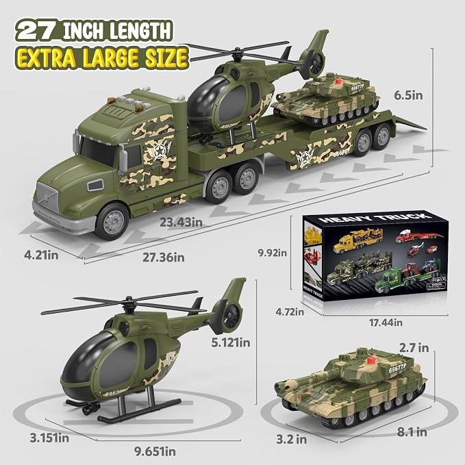 Toddler Toys for 3 4 5 6 Year Old Boys - 27" Large Semi Army Truck Toy with Tank and Helicopter, 3-in-1 Friction Powered Transport Vehicle with Lights Sounds, Christmas Birthday Gifts for Boys