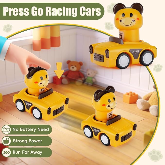 Press to Go Car Toy for 1-3 Year Old Toddler,Animal Push Cars Friction Powered,No Batteries Required, BPA-Free,Easy Clean,Indoor Outdoor Toy for 6-9-12-18 Month,Birthday Gift for 1-2 Boy Girl