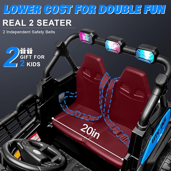 24V 2-Seater Ride On Car Truck w/4x200W, 20" Spacious Seat, 4WD/2WD Switchable, 5 Mph Max Speed, Rainbow Lights, Remote Control, Soft Start, Storage, Electric Car for Kids Ages 3-8, Blue