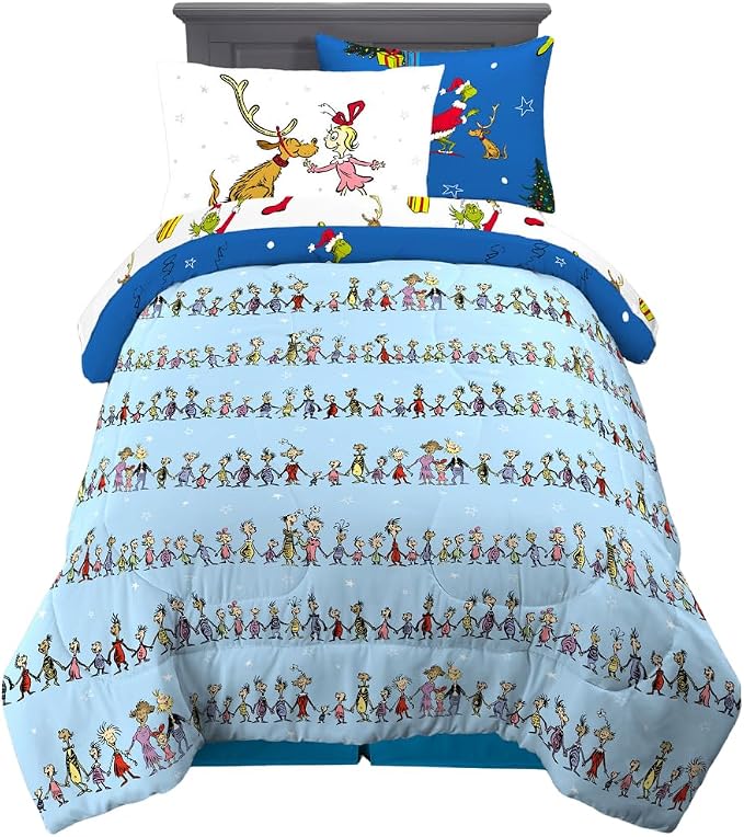 Grinch by Dr. Seuss Holiday & Christmas Bedding Soft Comforter and Sheet Set with Sham, 5 Piece Twin Size, (Official Dr. Seuss Product) By Franco