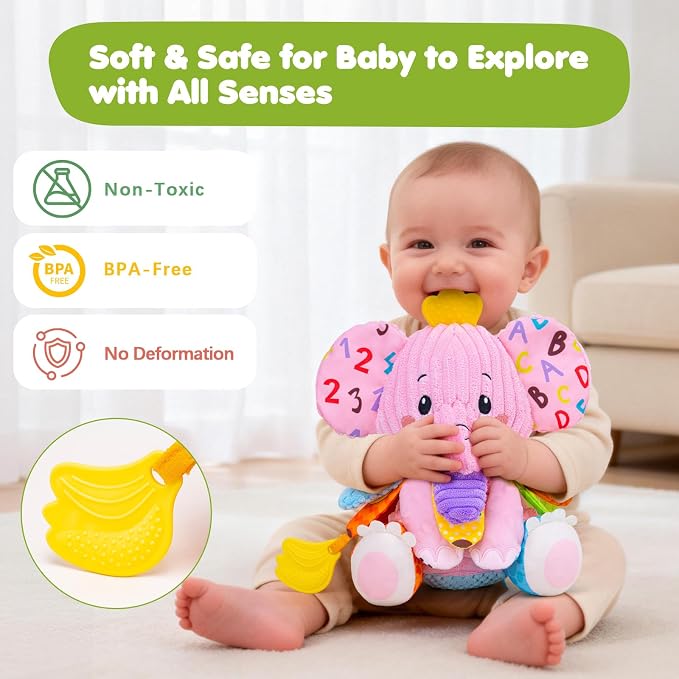 Baby Girl Toys 0-6 6-12 Months, Sensory Musical Toddler Toy for 3 4 5 6 7 8 9+ Months, Pink Elephant Plush Infant Toy with Teether, Crinkle, Rattle Baby Mirror for Tummy Time Newborn