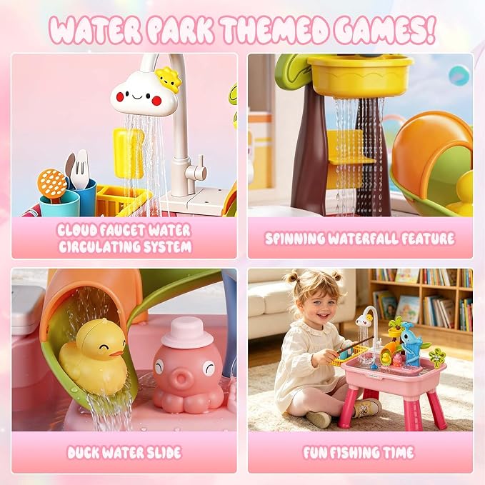 2026 Upgraded Water Table for Toddlers 1-3, Outdoor Water Play Table for Kids Ages 4-8 with Pump, Toddler Water Table, Play Sink with Running Water, Kitchen Sink Toy, Fishing Game, Sensory Table, Pink