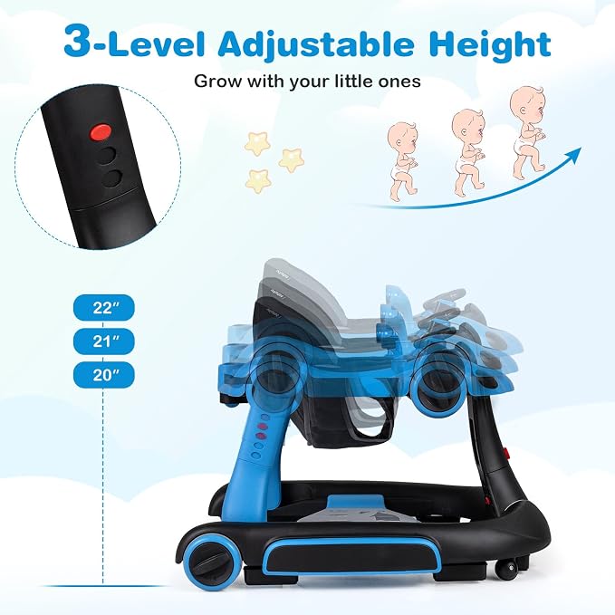BABY JOY 7-in-1 Baby Walker, Foldable Baby Walker and Bouncer Combo with Handle, Adjustable Height & Speed, Music, Lights, Rocker/Push Mode, Baby Walker with Wheels for Boys Girls 7-18 Months (Blue)