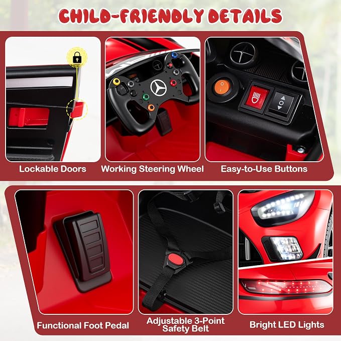 Costzon Ride on Car, 12V Licensed Mercedes-AMG GT3 Kids Car with Remote Control, 3 Speeds, LED Lights, Music, Wireless, Transport Wheels & Soft Start, Electric Vehicle for Toddlers Aged 3+ (Red)