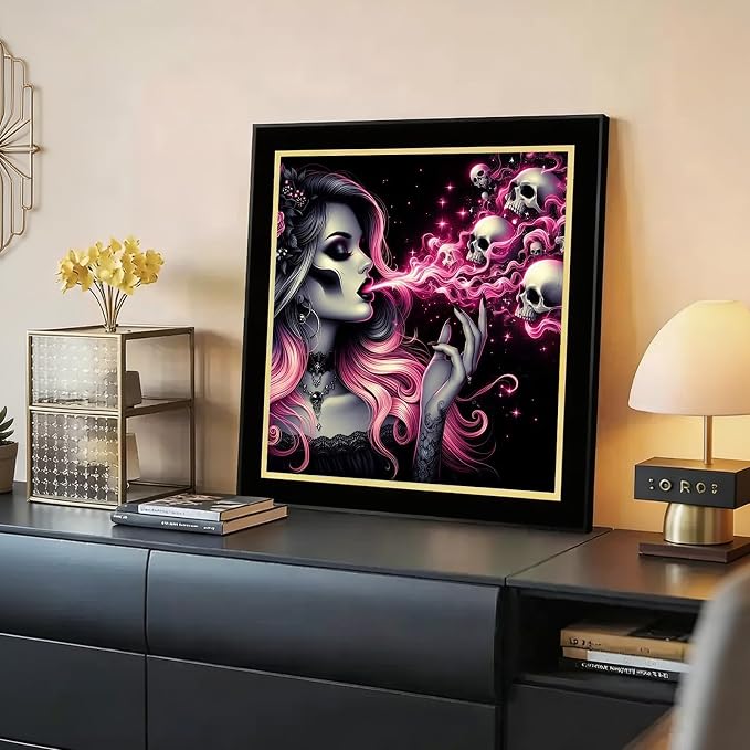 CHWGLFGG 5D Full Round Drill Diamond Painting Kit for Adults, Gothic Sugar Skull Woman Pink Smoke Skull Diamond Art Canvas, DIY Paint by Diamonds Dot Gem Craft 13.8x13.8 Inch for Home Wall Decor