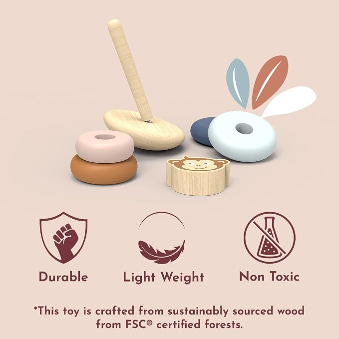 SPEEDY MONKEY Roly Poly Stacker Toy for Toddlers | Wooden Stacking Toy for Baby Boys & Girls | FSC-Certified Wobble Base with Colorful Rings for Fine Motor Skills | Sensory Learning Gift for Kids 1-5