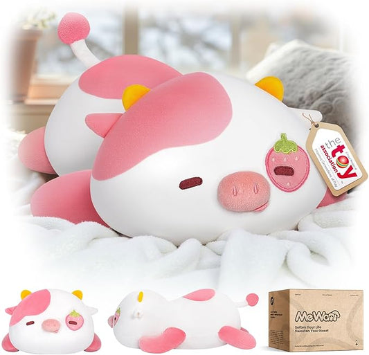 Mewaii Cute Strawberry Cow Plush Pillow, Kawaii Plushies Strawberry Cow Stuffed Animals, Squishy Plushies, Cuddle Plush Pillow for Kids & Girls (13 Inch)