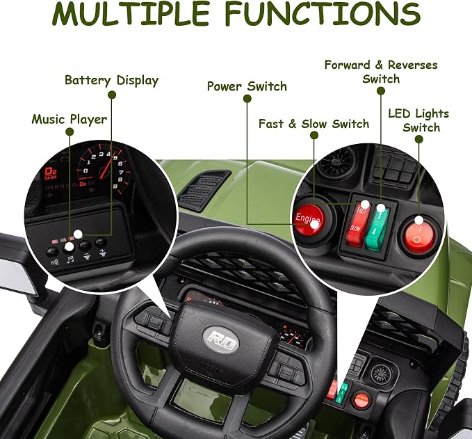 GarveeLife 12V Kids Ride On Truck Electric Vehicle Battery Powered Car Toddlers Ride On Toy for Boys Girls with Remote Control, 4-Wheel Suspension, Battery Display, LED Lights, Music, Army Green