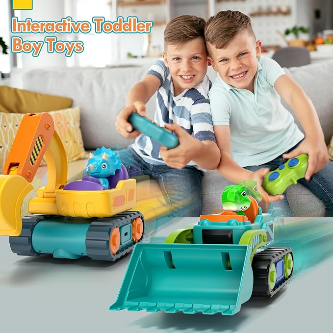 Lehoo Castle Construction Toys, 2 Pack Remote Control Car for Toddlers 1-3, Rechargeable Excavator Toy Bulldozer Toys for 2 Year Old Boy, 3 Year Old Boy Toys