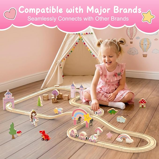 Wooden Train Set for Toddlers – 39 Pcs Unicorn Wooden Train Track Toy for Girls, Fantasy Toddler Toys for 3 4 5 6 Year Old Girls, Ideal Christmas Birthday Gift for 3-5 Girl