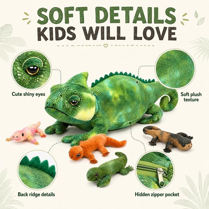 Green Lizard Plush, 27-Inch Mother Iguana Stuffed Animal with 4 Baby Lizard Plushies, 5-Piece Soft Giant Reptile Toy for Kids Gifts
