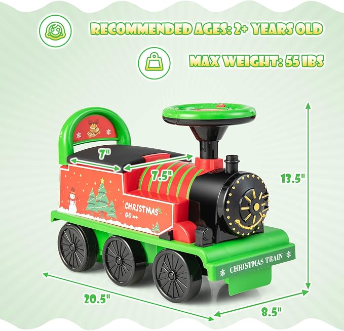 OLAKIDS Kids Ride On Train with Track, 6V Electric Toy with Lights and Sounds, Retractable Footrest, Under Seat Storage, Christmas Theme Battery Powered for Toddlers Boys Girls (1 Seater, Christmas)