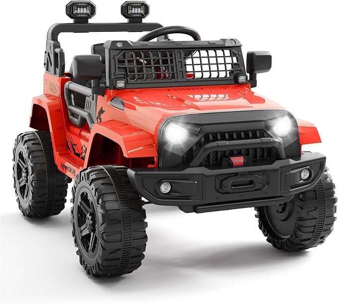Hetoy 12V Ride on Toys with Parent Remote Control Toddler Electric Vehicle with Spring Suspension, LED Lights, Bluetooth, Music Player, 3 Speeds Ride on Car Truck for Kids Age 3-8 (Red)