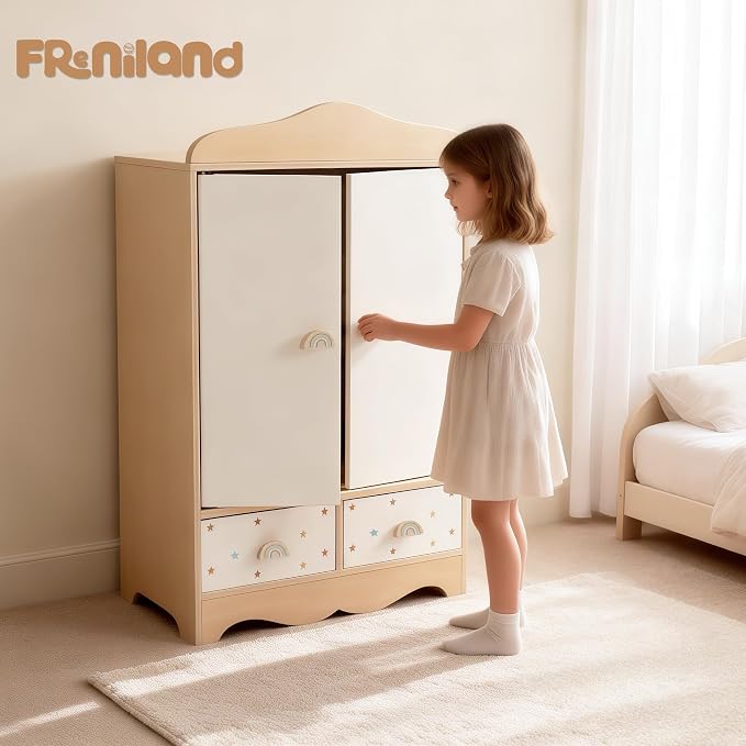 Freniland Wooden Doll Dress-Up Organizer with Doors, 3 Hangers & 2 Drawers, Doll Furniture, Pretend Play Storage Cabinet Gift for Girls Ages 3+