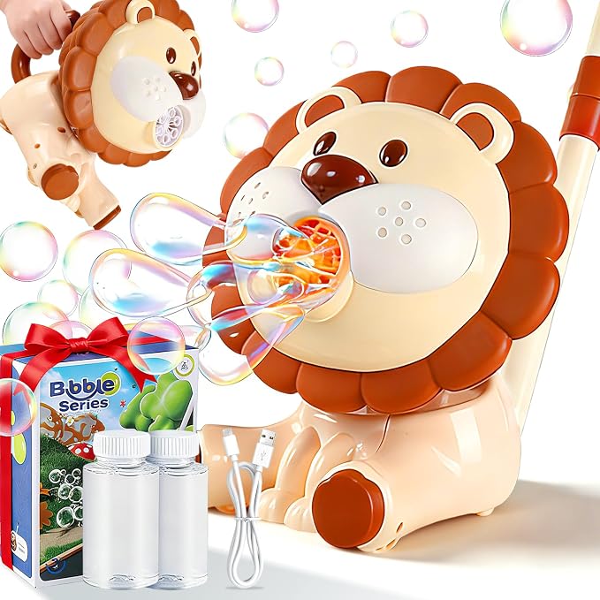 Lion Automatic Bubble Machine for Toddler Kid Toy 1 2 3 4 5 6 7 8 1yr Year Old Little Girl Boy Gift Lawn Mower Maker Blower Summer Outdoor Push Toys Rechargeable Easter Christmas Birthday Present