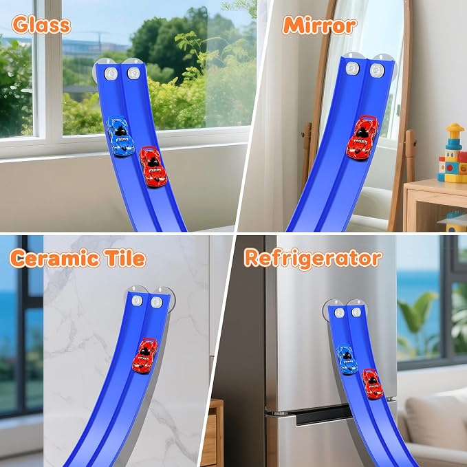 KETIEE Flex Tracks 16 Ft for Kids, Flexible Race Car Ramp Track with 2 Small Racecars and 4 Suction Cups Compatible with Diecast 1/64th Cars,Rolls Up Portable Racetrack for Ages 3 & Up