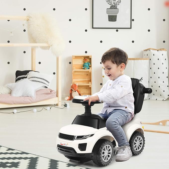 Costzon 3 in 1 Ride on Push Car, Stroller Sliding Walking Car with Horn, Music, Light, Under Seat Storage, Parental Handle, Armrest Guardrails, Ride on Toy for Boys & Girls (White)