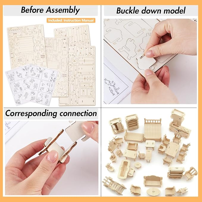 LOVEINUSA 34 PCS DIY Wooden Dollhouse Furniture Set, 1:20 Scale Miniature Room Accessories for Kitchen Living Room Bathroom for DIY Crafts Project