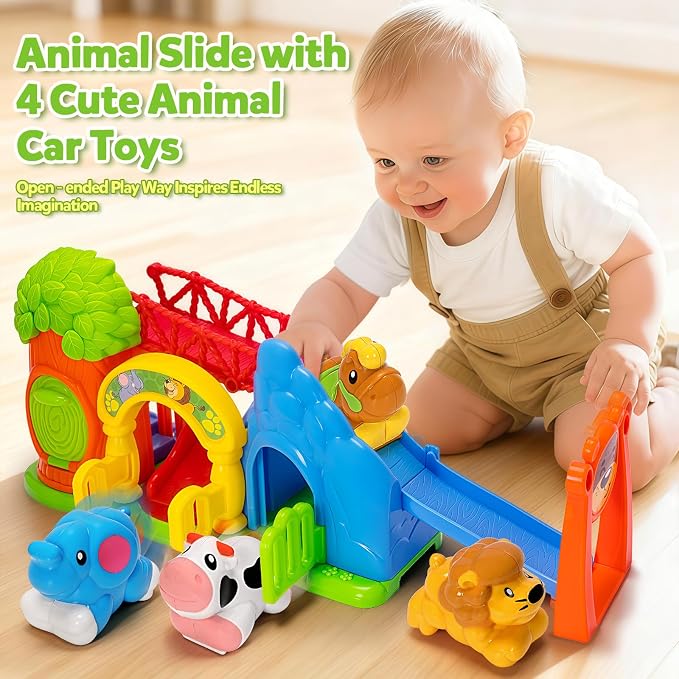 BAYSING Toys for Toddler 1, 2, 3 Year Old Boy and Girl, Zoo Animal Slide Playset with 4 Animal Cars, Open-Ended Interactive Toy for Cultivate Imagination, Gifts for 12-18+ Months Kids