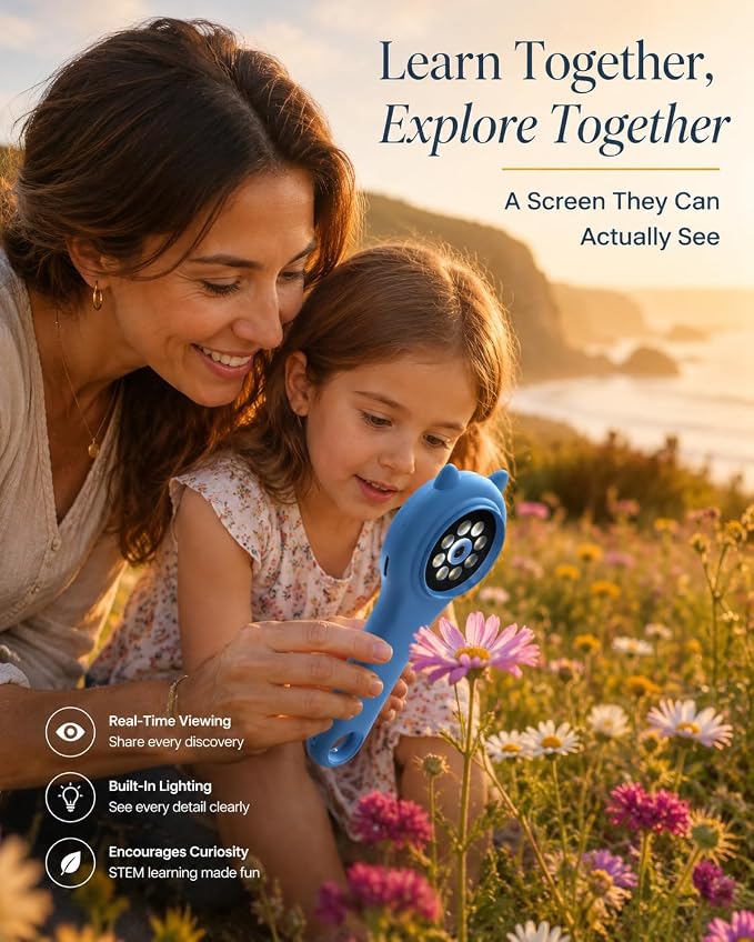 Outdoor Exploration Microscope for Kids, 500X Portable Digital Microscope with 2" IPS Screen, Summer Camping Travel STEM Toy Age 5-12 (Blue)