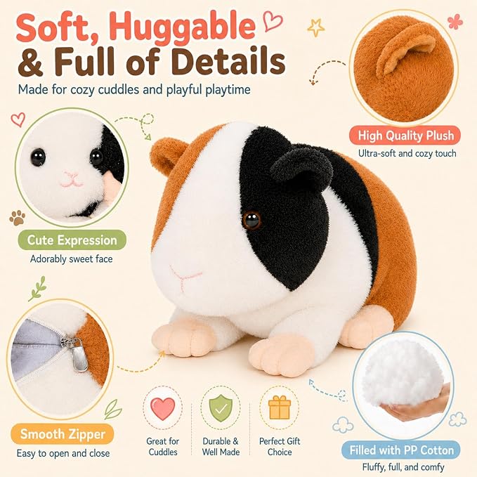 Guinea Pig Stuffed Animal with Babies, 19.7 Inch Mommy Guinea Pig Plush Toy Set with 4 Baby Guinea Pigs, 5 Piece Soft Plush Animals with Zipper Belly, Gift for Kids Girls Boys