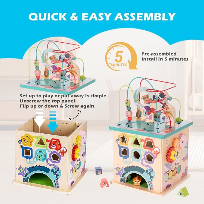 Pre-Assembled 9 in 1 Large Wooden Activity Cube. Educational Learning Toy for Kids with Bead Maze, Shape Sorter and Music Gears and More. for Toddlers 18 M+. Birthday Gifts for Boys and Girls