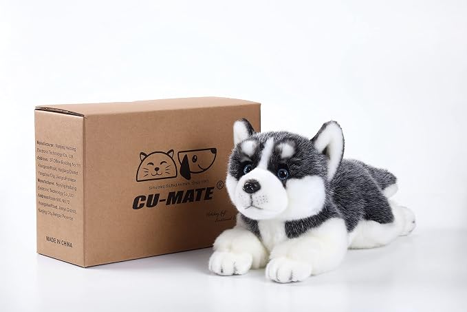 CU-MATE 16" Plush Siberian Husky Dog Toys, Simulation-Realistic & Lifelike Soft Stuffed Animal Dog, Handmade Lying Stuffed Dog Toys, Present Gift for Boys and Girls