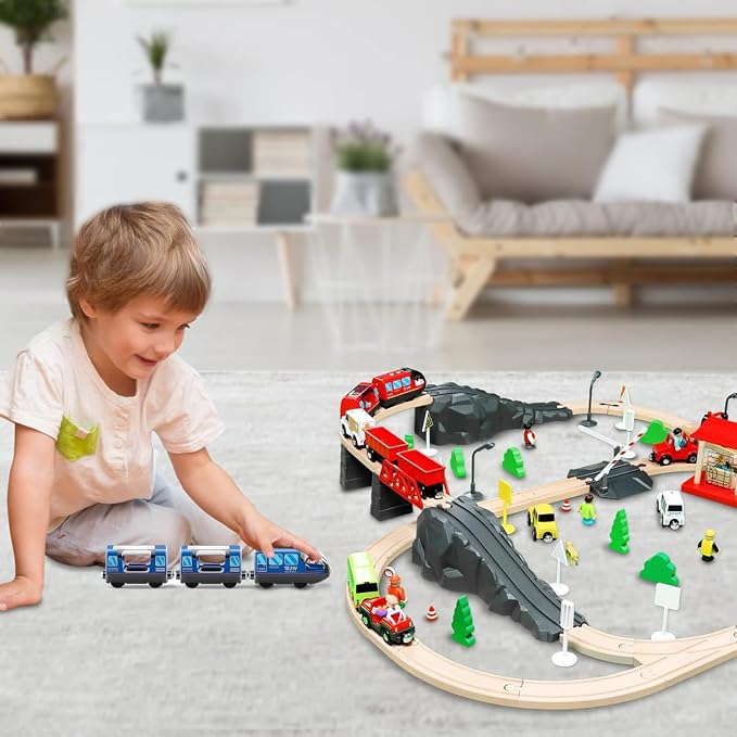 Battery Operated Wooden Train Track Set Toy High Speed for Toddlers 3 4 5 Years Old Boys Kids Magnetic Couplings City Vehicle with Figures