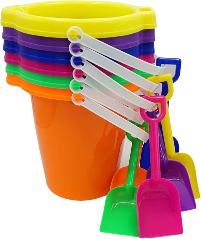 4E's Novelty 6 Pack 7.5" Beach Buckets and Shovels for Kids Bulk - Strong Large Sand Bucket for Toddler Beach Toys for Kids 3-10, Sandbox Toys