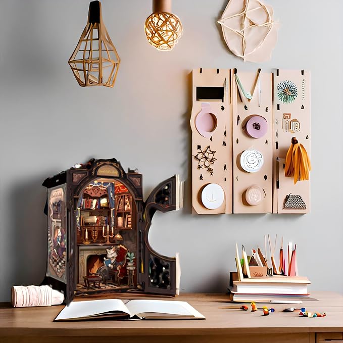 Fsolis Book Nook Kit Cat, DIY Scene Miniature House Kit (Count Cat's Study) | 3D Wooden Puzzles for Adults Booknook for Beginners Bookshelf Nook Decor Mini Building Kit Gift for Women Book Lovers