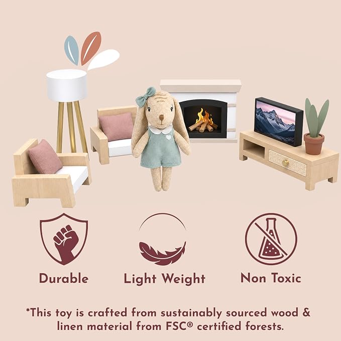 SPEEDY MONKEY Cozy Dollhouse Living Room Playset with Bunny – Miniature FSC Wooden Furniture Sofa, TV – Pretend Play Fully Furnished Farmhouse Accessories for Kid, Toddler, Girl – Doll House Decor Toy