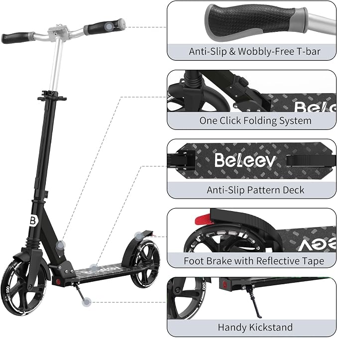 BELEEV V8 Scooters for Kids Ages 6+ with Light-Up Deck, 2 Wheel Folding Scooter for Kids, 4 Adjustable Height, Lightweight Sport Commuter Scooter, Sturdy Frame