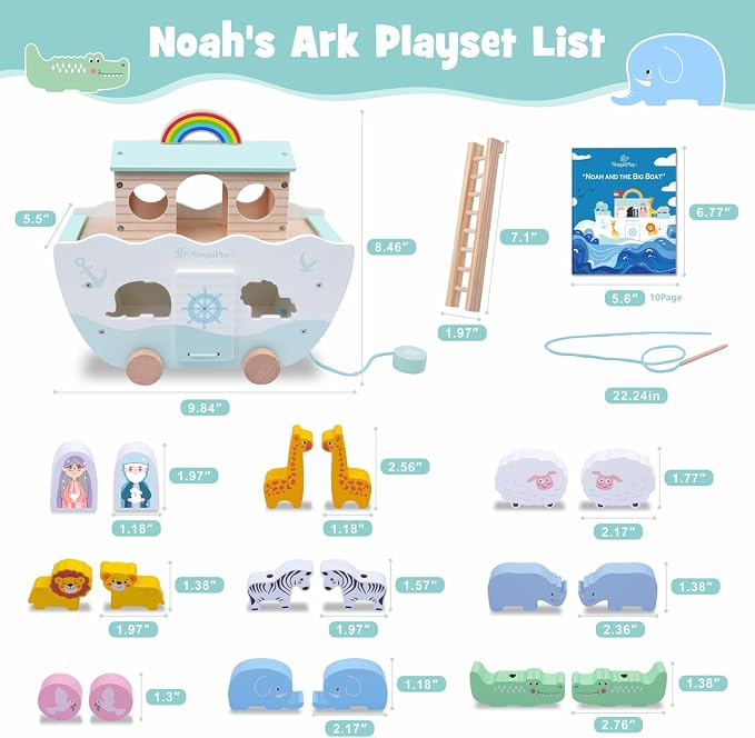 SIMPLIPLAY Wooden Noah's Ark Toy - Toddler Montessori STEM Learning Noahs Ark Toy with Story Book & Wooden Animal Shape Sorter, Christian Toy for Boys Girls Christmas Baptism Gifts
