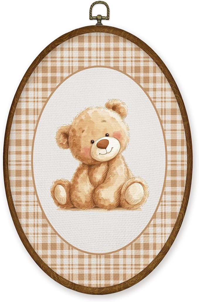 WULQYING Vintage Bear Nursery Wall Art Decor, Kids Room Oval Framed Canvas Art Prints, Brown Gingham Plaid Baby Bear Wall Hanging Decor for Kids Girls Boys Room Bedroom Playroom, 8.6x11.4 Inches