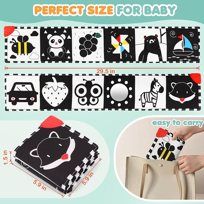 BBWOO High Contrast Baby Toys for Newborn, Tummy Time Mirror, Black and White Baby Toy for 0-6 Months, Soft Montessori Visual Stimulation Infant Book, Boy Girl Shower Gift