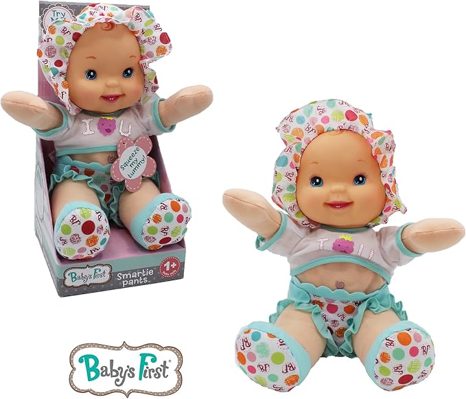 Goldberger Baby's First 12" Smartie Pants Doll with Raspberry White T-Shirt - Includes "Baby Talk" Sound Module with Surprise Raspberry Ending