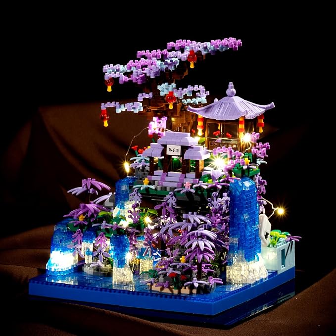 CAXIMSY Peach Blossom Pond Building Blocks Set,Building Blocks Set Gifts for Adults and Kids, Micro Bricks Cherry Blossom Tree House Kit with LED Light and Display Box（2500+Pieces）
