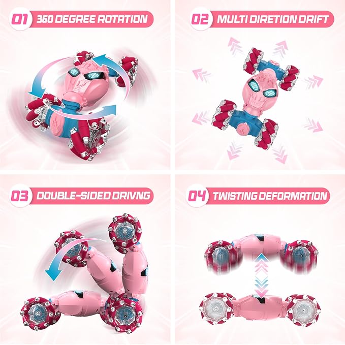 Uucoco Pink Rc Gesture Sensing Stunt Car Toys for Girls 3-12 Years Old, Drift Hand Control Remote Control Cars with Light & Music, 2.4Ghz 4WD 360°Rotation Double Side Cars Birthday Gifts for Kid