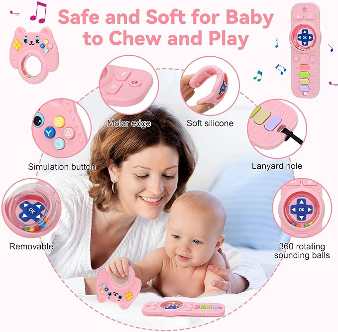 2 Pack Baby Rattles Teething Toy for Babies 3-6 Months, Teething Relief for Infant 6-24 Months, Silicone Teethers TV Remote Boys and Girls Sensory Toy
