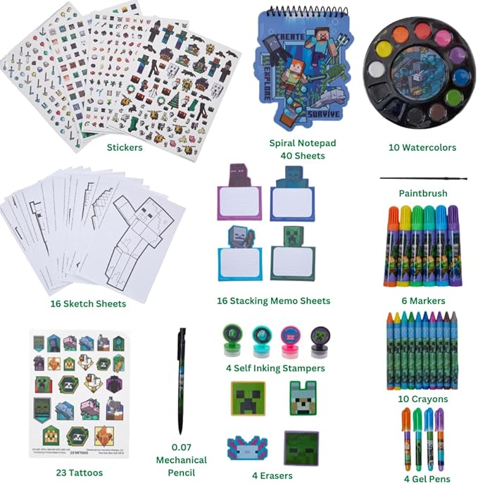 Innovative Designs Minecraft Creativity Fun Kids Art Set for Coloring, Painting, and Crafts