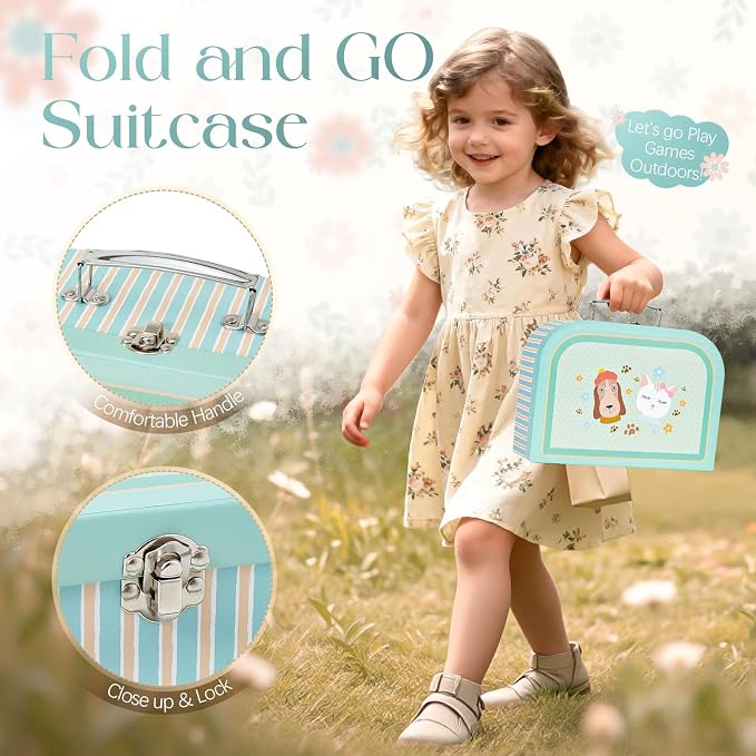 TUZT Portable Dollhouse Suitcase for Ages 3-8, Foldable Bedroom Playset with 21 Wooden Furniture, Cute Animal Dolls & Accessories, Travel-Friendly Pretend Play Toy