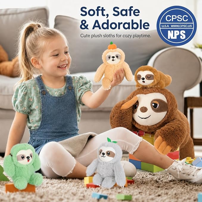 Tezituor Sloth Stuffed Animal Set, 23.6 Inch Giant Mommy Sloth Plush with 4 Baby Sloths, Large Soft Sloth Toy for Kids Adults,Sloth Plushies,Christmas Birthday Valentine’s Day