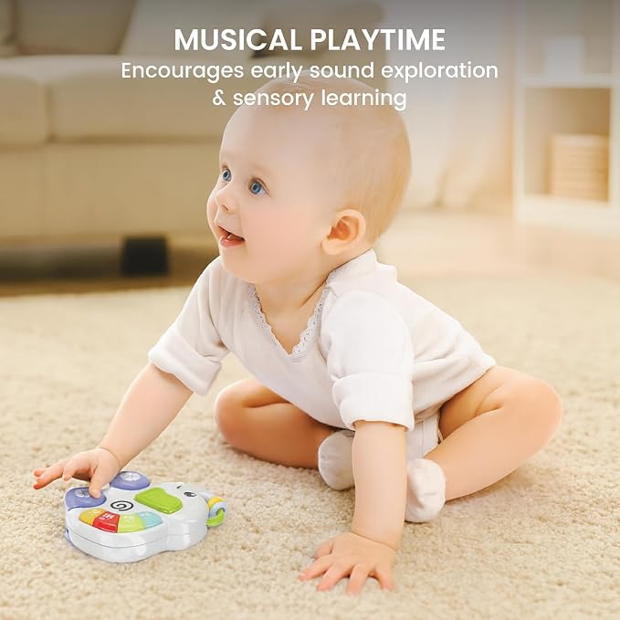 Lulyloo Elephant Rolling Music Piano interactive toddler toy with colorful tune keys, spinning beads, smooth wheels, fun melodies and volume control, lightweight for crawling, sitting and cruising fun