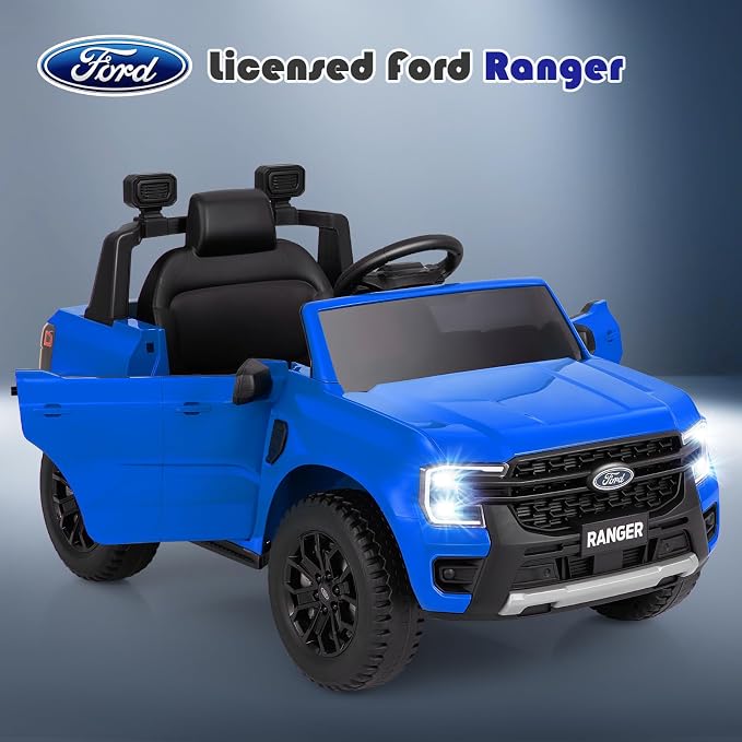 Licensed Ford Ranger Ride on Pickup Truck by INFANS, 12V Battery Powered Electric Vehicle for Kids with Remote Control, Headlight, Power Display, Bluetooth, MP3, Music, Aged 3-6 Years (Blue)
