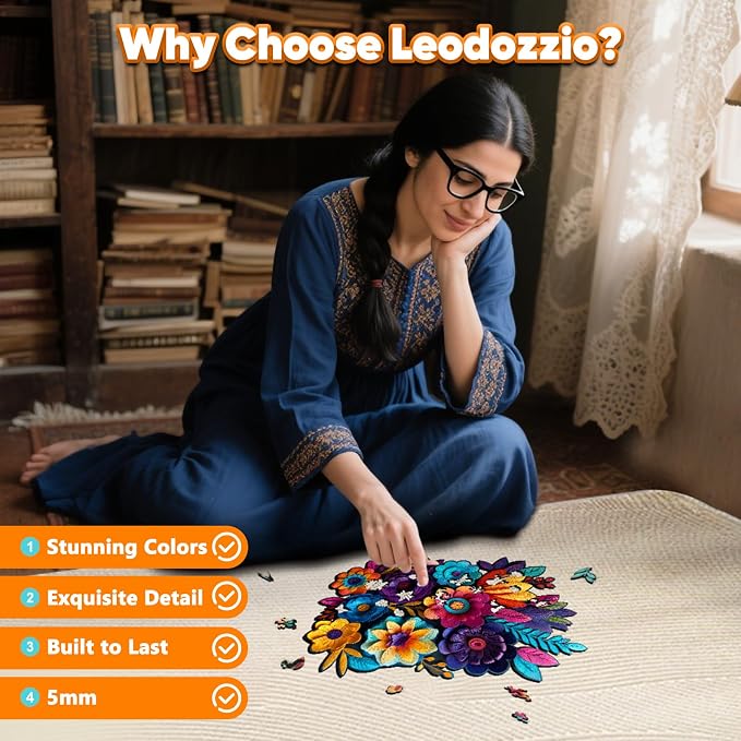 Leodozzio Wooden Jigsaw Puzzles 500 Pieces, Handmade Flowers Autumn Puzzles for Adults, Unique Shaped Wooden Puzzle, Birthday Gift Family Game, 13.8x18.4 Inch